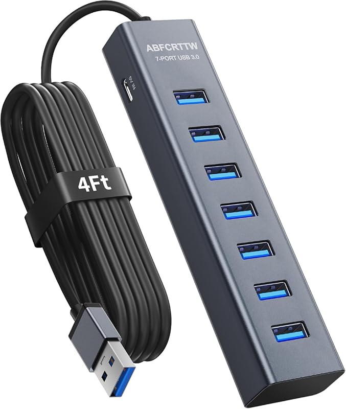 4‑Foot 7‑Port Aluminum USB 3.0 Hub, 5 Gbps extender with long cable fo