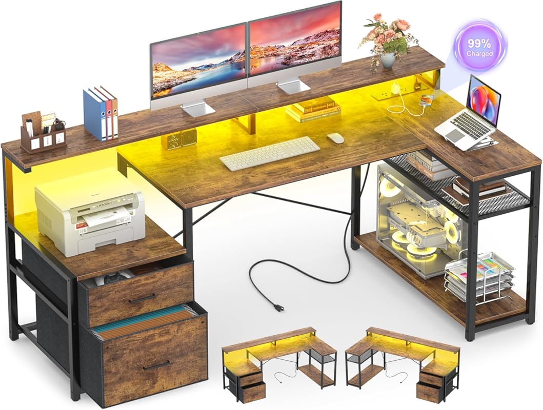 Aheaplus Reversible L‑Shaped Desk with File Drawer, Power Outlet, LED