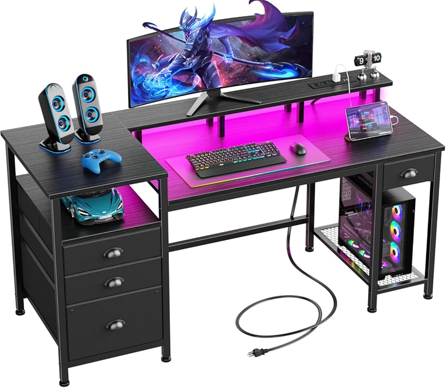 Furologee 60″ Black Computer Desk with 4 Drawers, Printer Shelf, LED Lights
