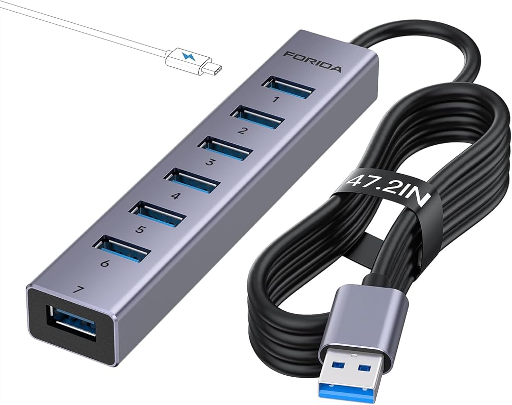 FORIDA 8‑Port Aluminum USB Hub with 7 USB‑3.0 data ports, Type‑C 5 V/3