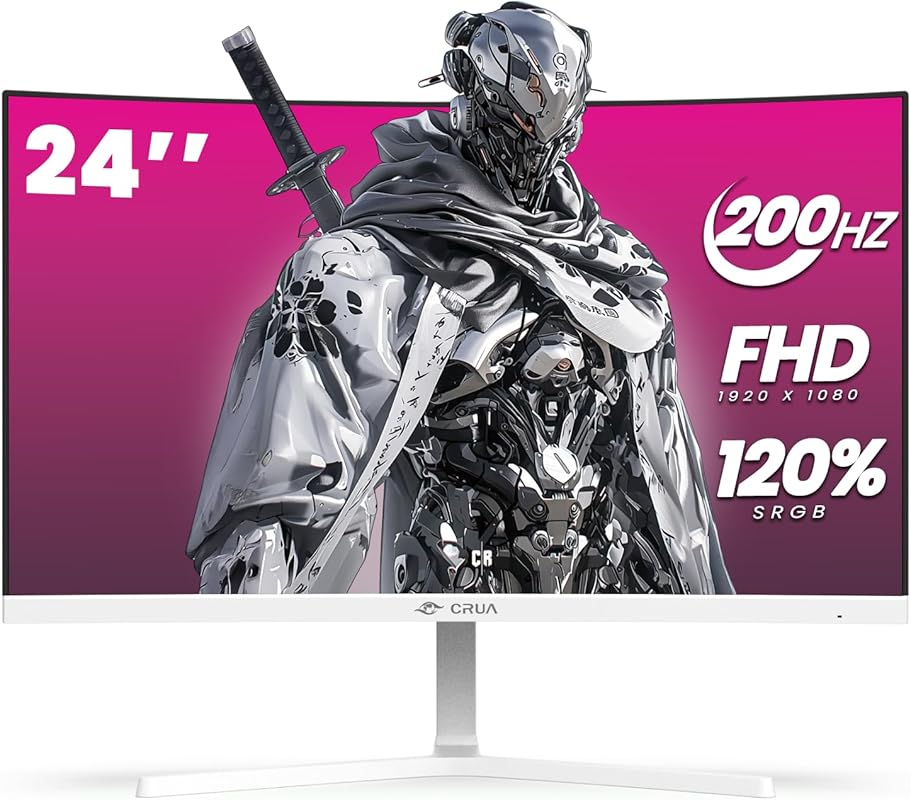 CRUA 24‑Inch White Curved Gaming Monitor, 165Hz/200Hz, FHD 1920×1080 V