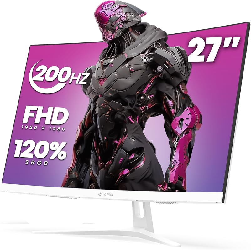 CRUA 27‑Inch White Curved Gaming Monitor, 165Hz/200Hz, FHD 1920×1080 V