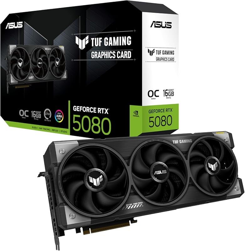 ASUS TUF RTX 5080 OC Edition 16GB GDDR7 Graphics Card – PCIe 5.0, HDMI/DP 2.1, 3.6‑Slot, Military‑Grade PCB, Vapor‑Chamber, Axial‑Tech Fans