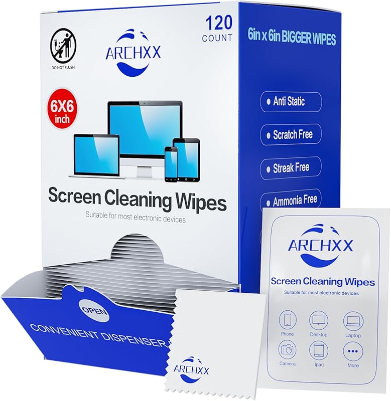 ARCHXX Pre‑Moistened Screen Wipes – 120 Individually Wrapped 6"x6"