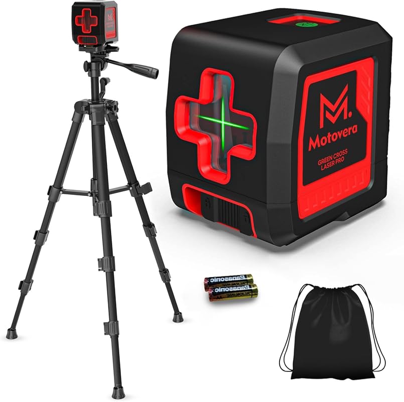 Motovera 100‑ft Self‑Leveling Green Cross Line Laser with Tripod, 4 Br