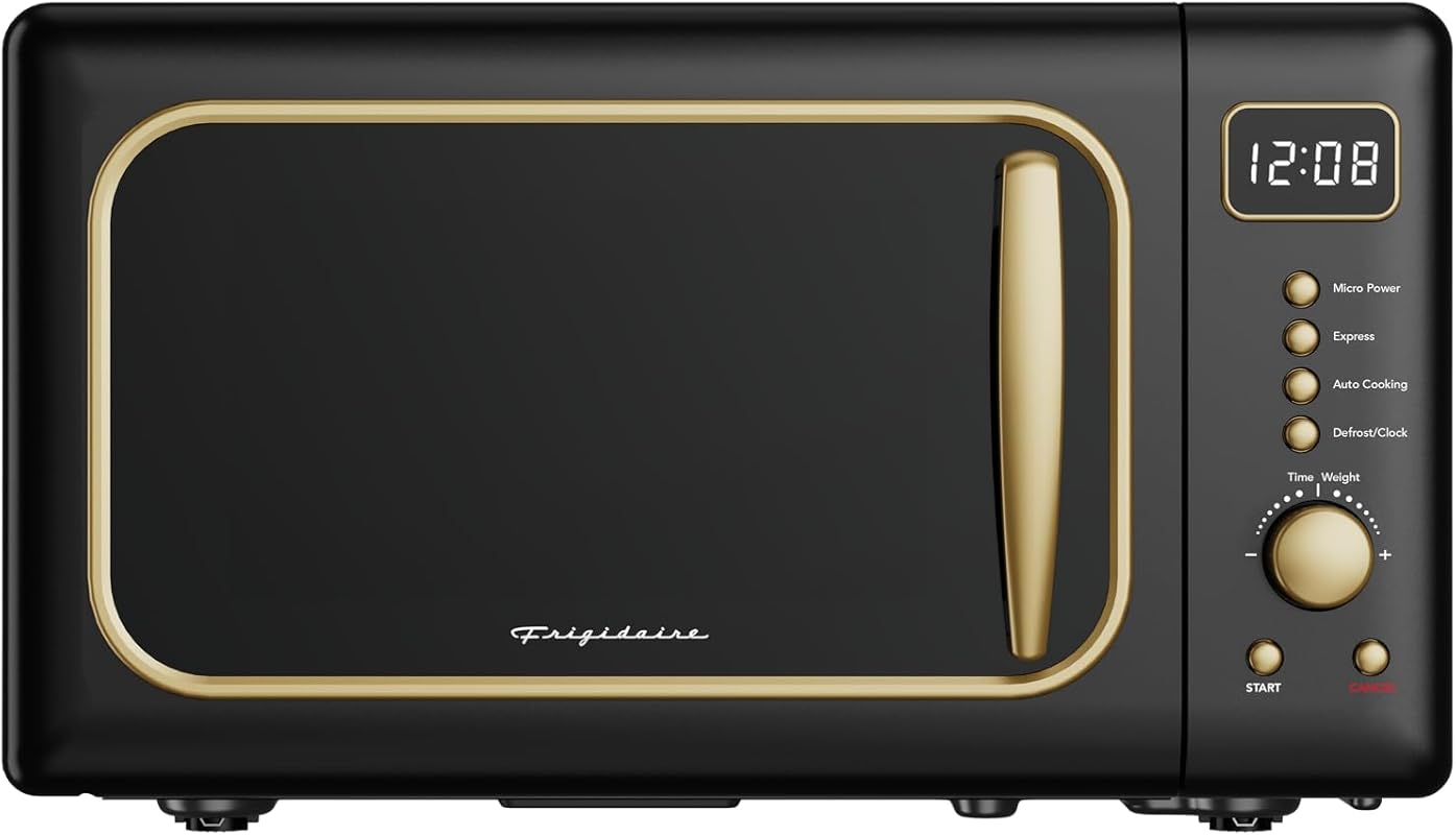 FRIGIDAIRE EMW788RETRO Retro Microwave Oven, 0.7 cu ft, Black‑Gold Fin