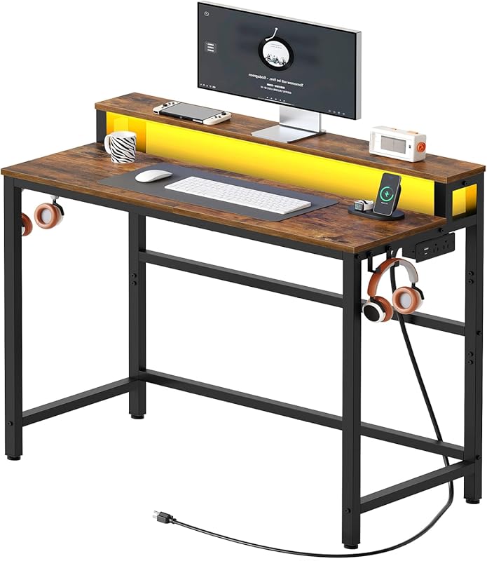 YATINEY Small Computer Desk with Charging Station, LED Lights, Monitor