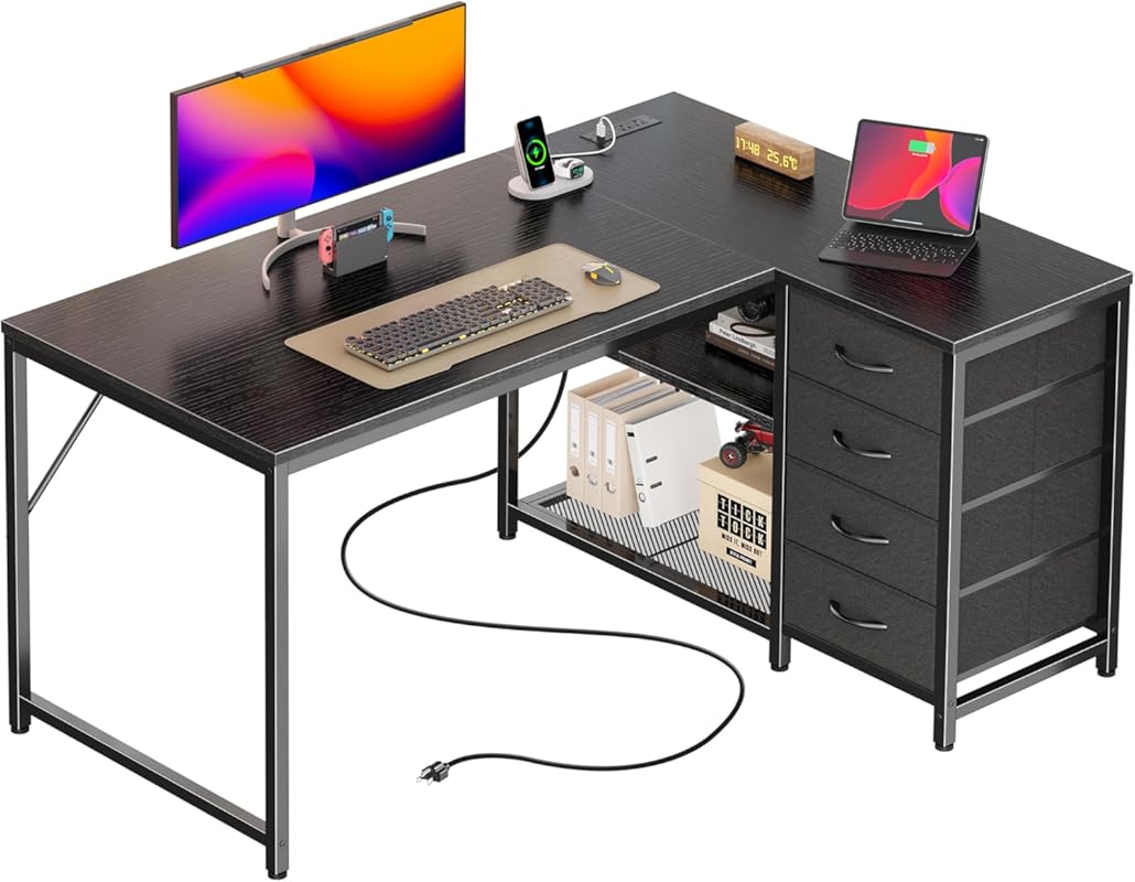 PRAISUN 43.3‑Inch Small L‑Shaped Corner Desk with Power Outlets, USB‑C