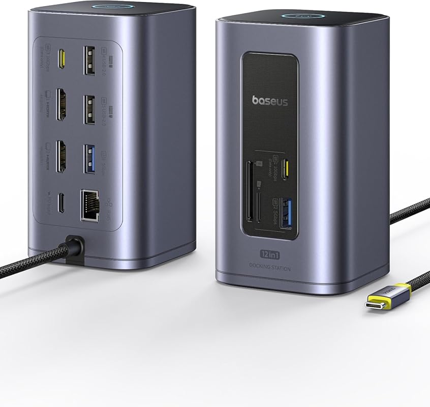 Baseus Nomos Air 12‑in‑1 Docking Station, Dual 4K HDMI, 10Gbps USB‑C/A