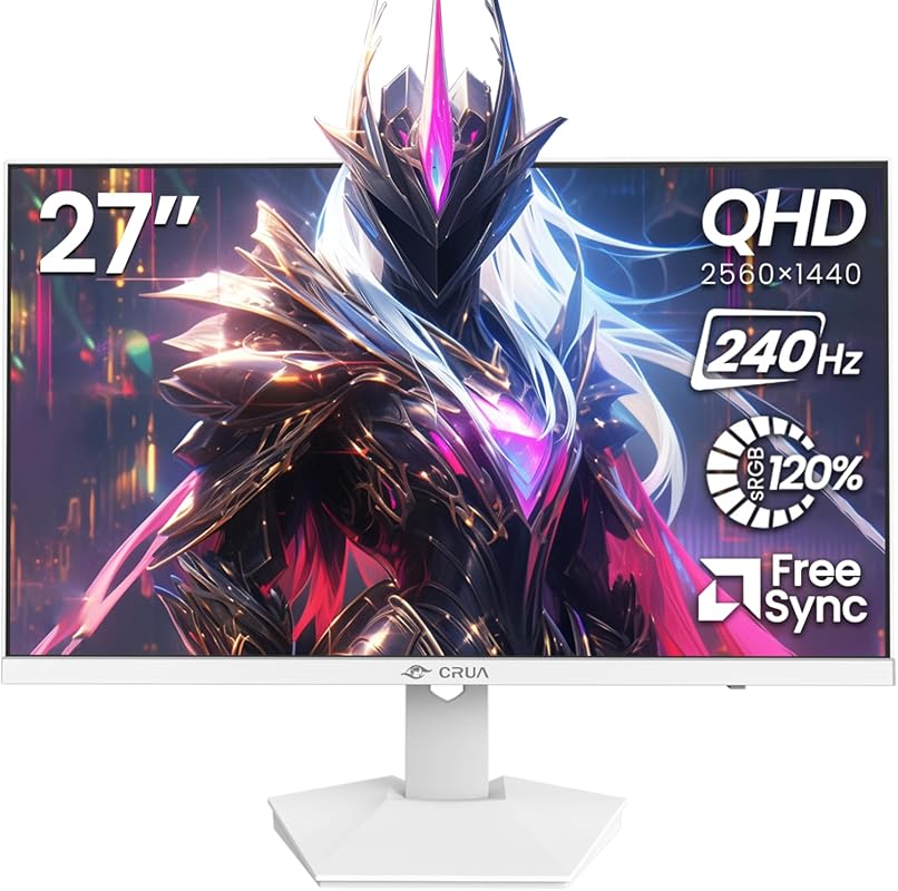 CRUA 27‑Inch White Gaming Monitor, 240Hz, QHD 2560×1440 IPS, AMD FreeS