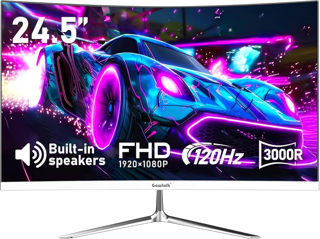 Gawfolk 24.5‑Inch White Curved Gaming Monitor, 120Hz, 3000R VA, Full H