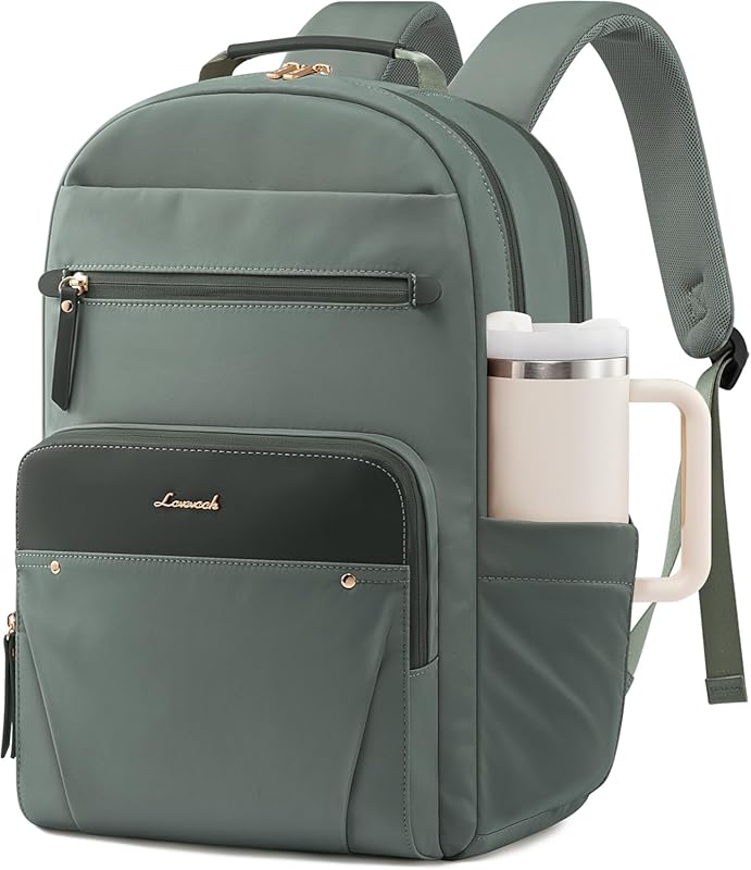 LOVEVOOK Women’s 15.6″ Leather‑Trim Laptop Backpack with Tumbler Pocke