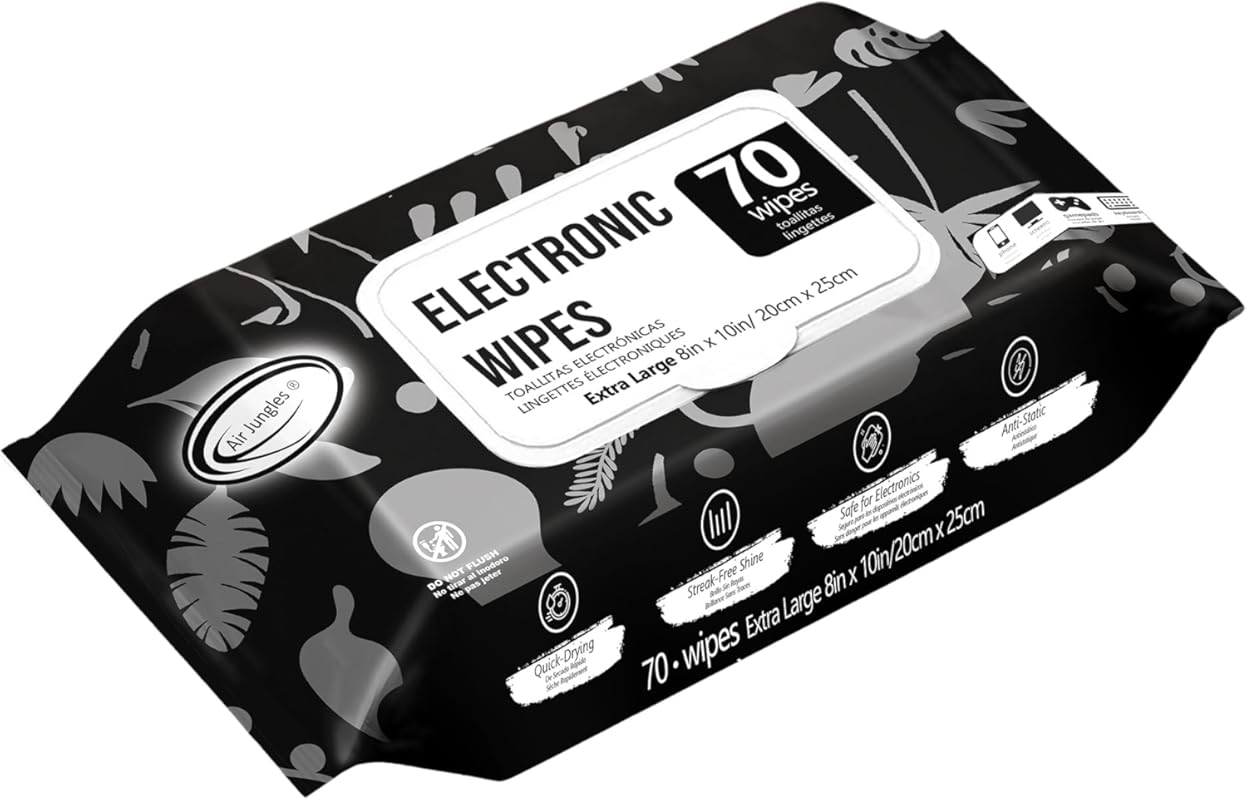 Air Jungles Electronic Screen Cleaner Wipes – 70 Extra‑Large 8"x10" Pre‑Moistened