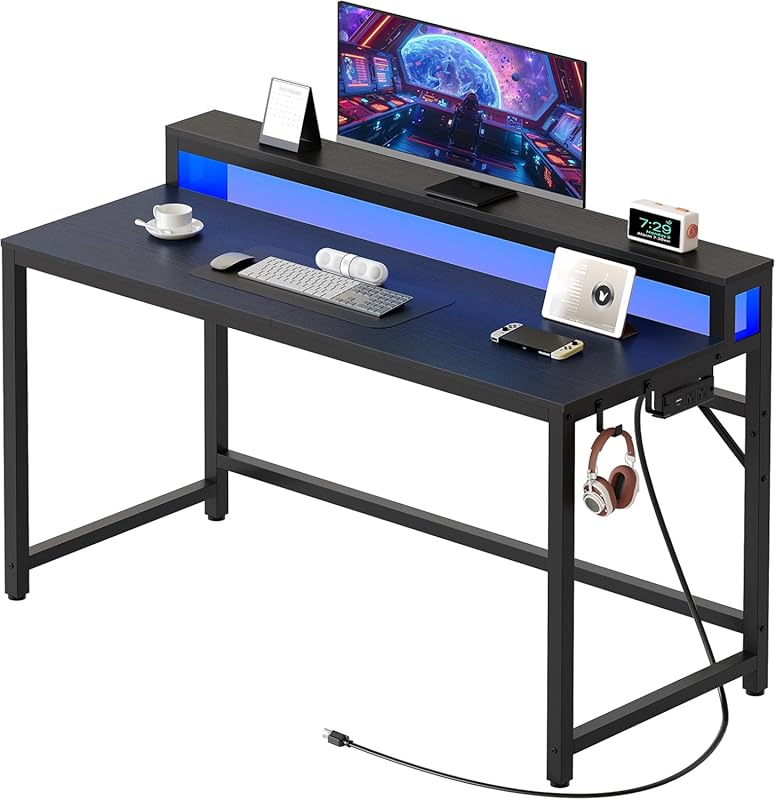 YATINEY 47.2″ Computer Desk with Charging Station, LED Lights, Monitor