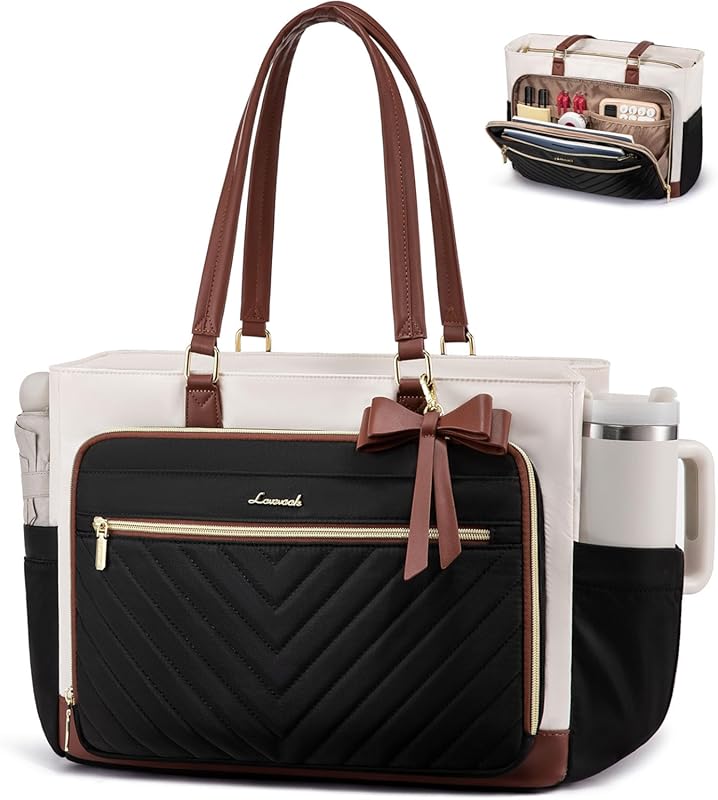 LOVEVOOK Teacher Tote for Women – Quilted Laptop Bag with Large Cup Holder