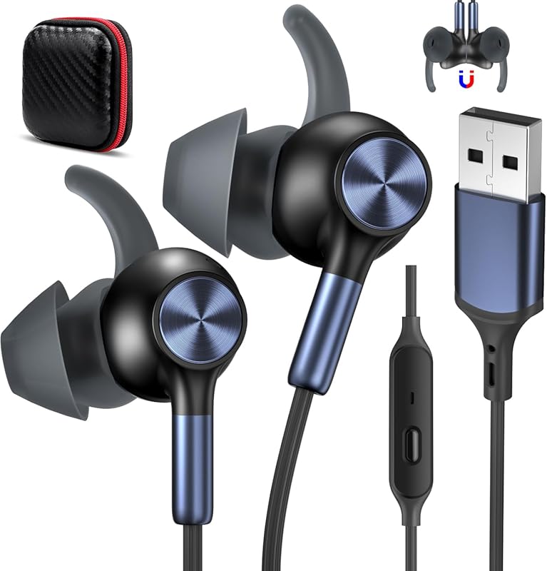 USB Wired Earbuds with Mic for PC/Laptop, 7.5ft Cable, Noise‑Canceling