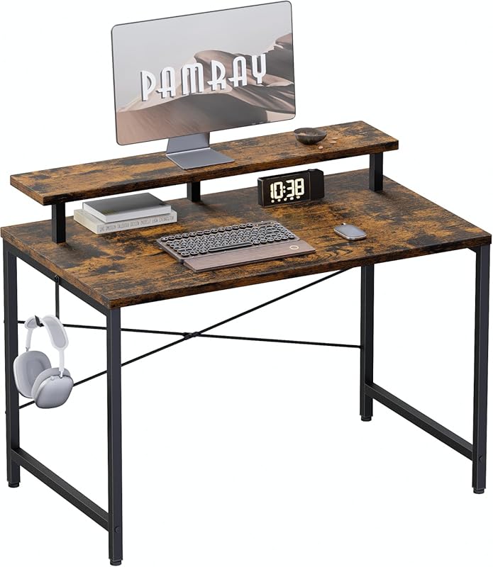 Pamray 32‑Inch Small Computer Desk with Monitor Stand, Headphone Hook, Vintage Finish