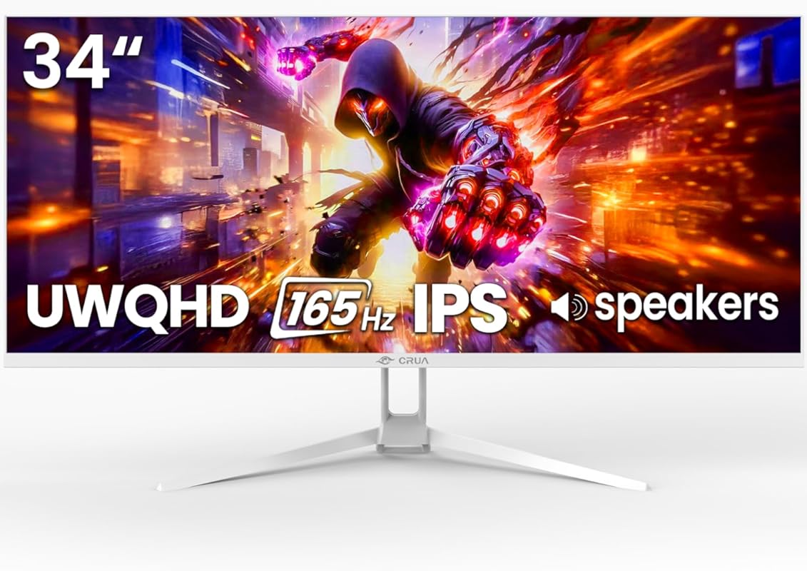CRUA 34‑Inch White UltraWide Gaming Monitor, 165Hz/144Hz, WQHD 3440×14