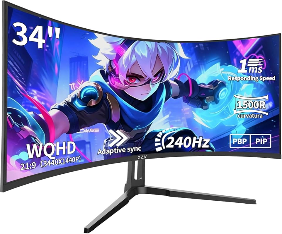 ZZA 34‑inch Curved Gaming Monitor, UltraWide WQHD 3440×1440, 240 Hz, 1