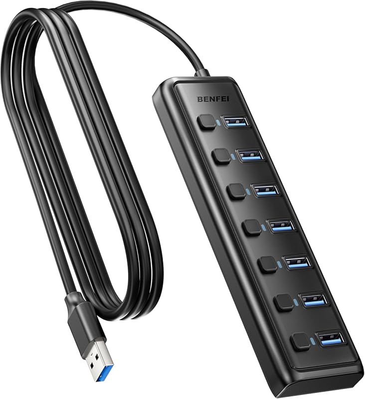 BENFEI Ultra‑Slim 7‑Port USB 3.0 Hub with 3.3 ft cable, portable desig