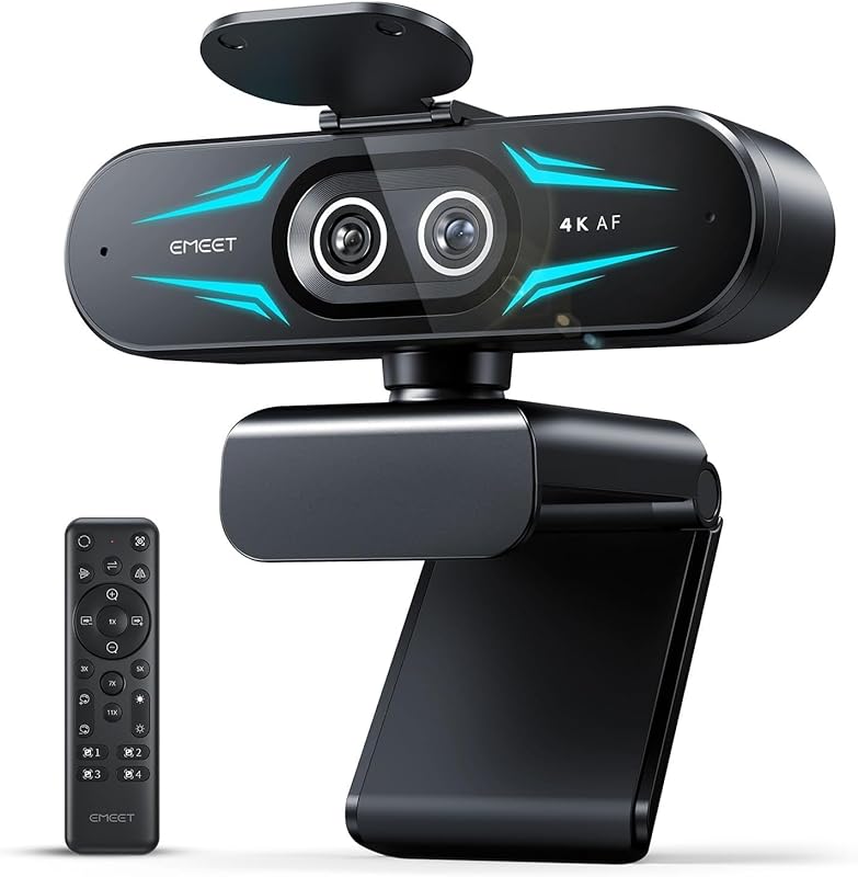 EMEET C60E Dual‑Camera 4K Webcam with Wide‑Angle & Telephoto Lenses, 11× Hybrid Zoom, PDAF, RGB Lighting, Remote Control, Dual Mics – Perfect for Livestreams & Meetings