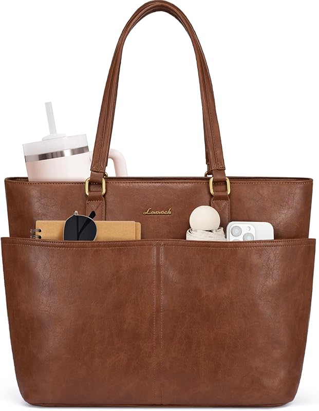 LOVEVOOK Leather Laptop Tote for Women – 15.6” Work Bag with Cup Holder