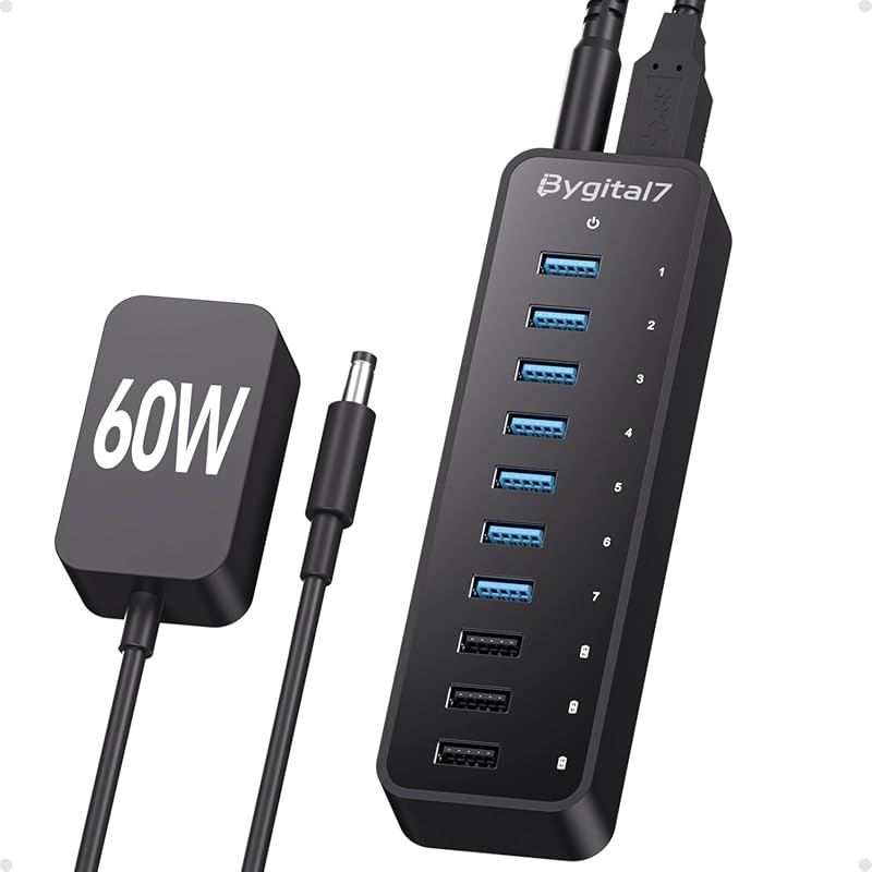 10‑Port USB 3.0 Hub with 7 high‑speed ports, 3 BC1.2 charging ports, 6