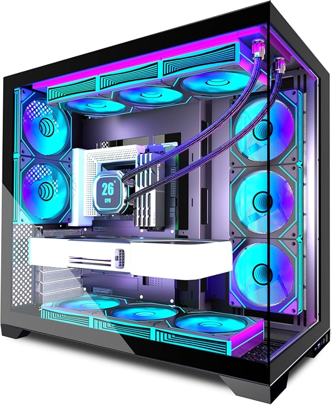 Mid‑Tower Gaming PC Case with 9 PWM ARGB Fans, Panoramic Tempered Glas