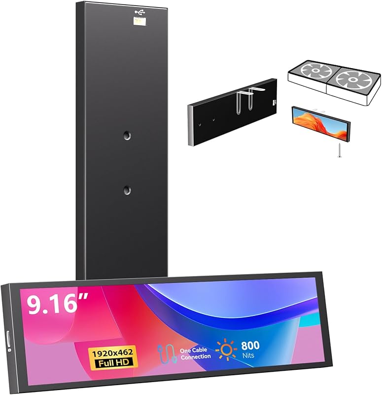9.16″ FHD PC Temp Monitor – 1920×462 LCD Bar, One‑Cable USB‑C, Stretch