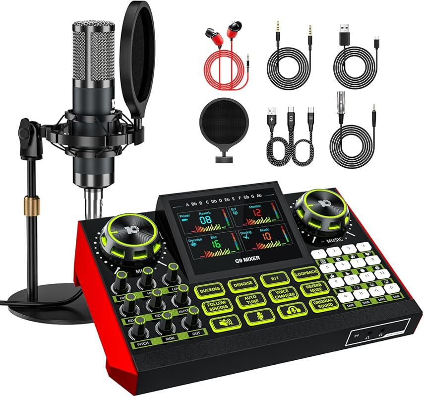G9 Podcast Microphone Bundle with Live Sound Card Mixer, 3.5 mm Condenser Mic, Voice Changer, Denoise for PC/Phone Streaming