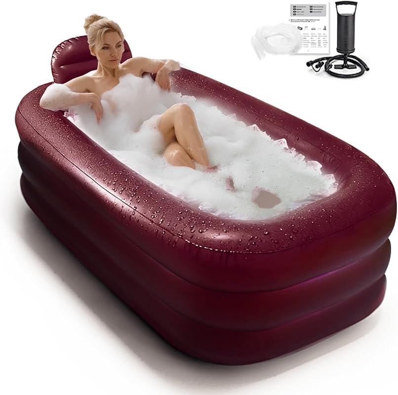 Inflatable Bathtub for Women with Pillow Headrest – Burgundy