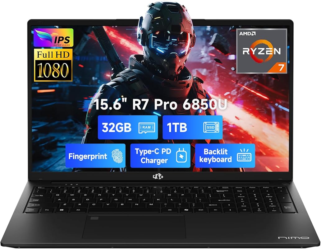 NIMO 15.6 Gaming Laptop, AMD Ryzen 7 6850U, 32GB RAM, 1TB SSD, Radeon