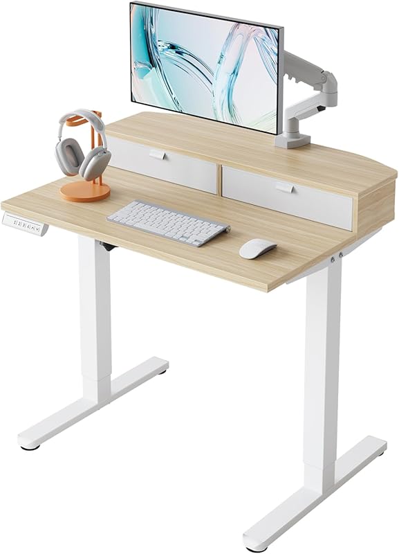 HUANUO 32 x 21″ Small Electric Standing Desk with 2 Drawers, C‑Clamp Mount