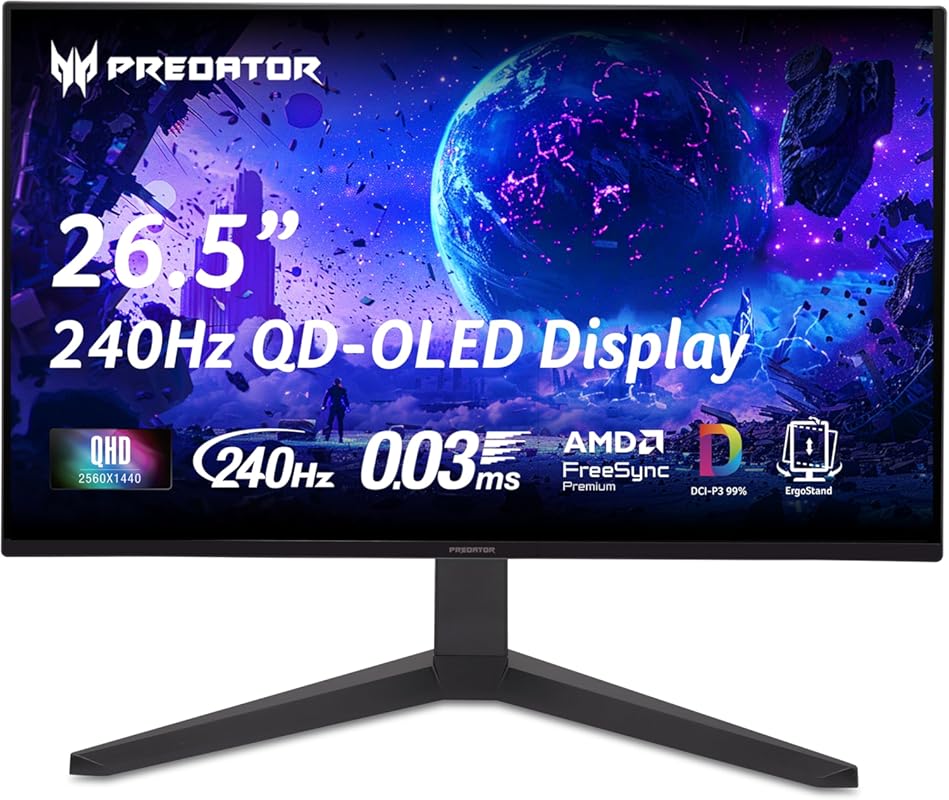 Acer Predator X27U 26.5‑Inch WQHD QD‑OLED Gaming Monitor, 240 Hz, 0.03 ms, FreeSync Premium, 99% DCI‑P3, Tilt & Height