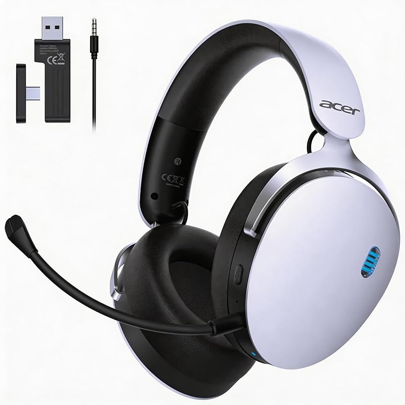 Acer 2.4 GHz Wireless Gaming Headset – Tri‑Mode (PS5/PS4/PC/Switch), Noise‑Canceling Mic, Stereo Sound, 50mm Drivers, 40+ Hour Battery, White Finish