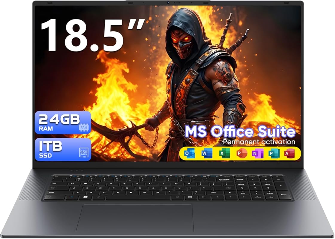 18.5 Laptop with 24 GB RAM, 1 TB SSD, 3.4 GHz Core m3, 48 Wh Battery, HDMI, USB‑C, RJ45, Dual‑Band Wi‑Fi & BT 5.0 – Grey