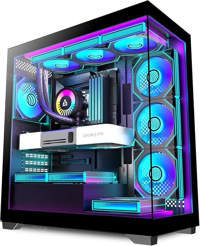 Mid‑Tower Gaming PC Case with 7 PWM ARGB Fans, Panoramic Tempered Glas