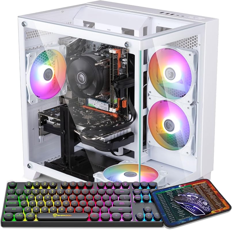 White Gaming PC Desktop with Intel i7‑4770, Radeon RX 550 4 GB, 16 GB RAM, 512 GB SSD, RGB Fans, Keyboard & Mouse, Windows 11