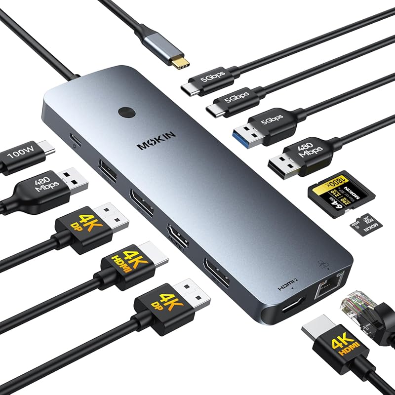 MOKiN 3‑Monitor USB‑C Hub Dock, Dual HDMI & DP, RJ45 Ethernet, 5Gbps U