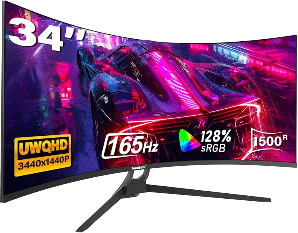 Gawfolk 34‑inch Ultrawide Curved Gaming Monitor, 21:9 UWQHD 3440×1440,