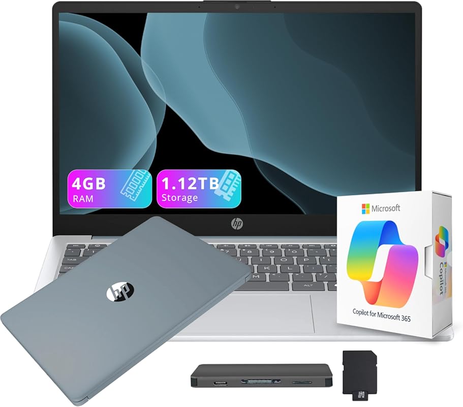 HP Stream 14" Laptop, AMD Athlon 7120, 4 GB RAM, 128 GB SSD + 1 TB Storage, 1‑Year Office 365, Windows 11, Blue