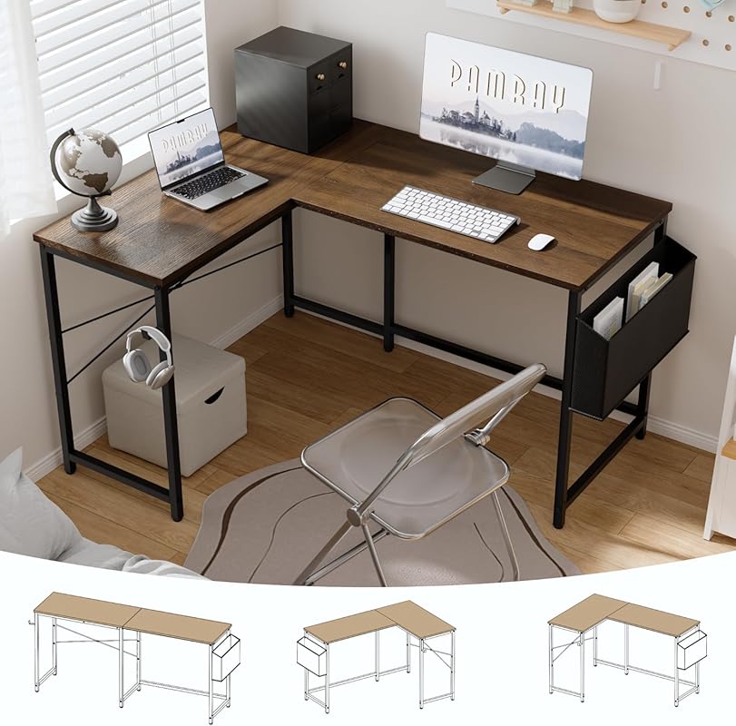 Pamray 47‑Inch Reversible L‑Shaped Gaming Desk with Storage Bag, Brown