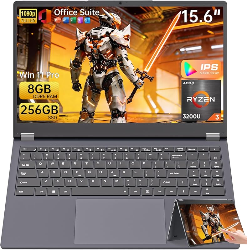 15.6‑Inch Ryzen 3 3200U 2‑in‑1 Laptop, 8 GB DDR5, 256 GB SSD, FHD IPS 