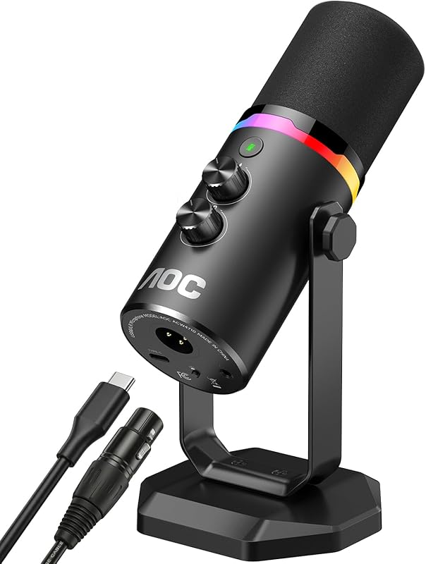 AOC Dual‑Mode USB/XLR Dynamic Microphone with RGB Lighting, Heavy‑Duty