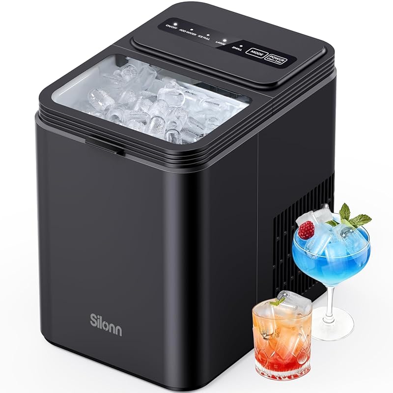Silonn Countertop Ice Maker – 8 Cubes in 6 min, 26.5 lb/24 h, Two Bull