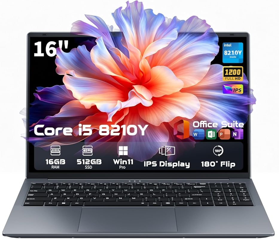 EKY 16” Laptop with Intel Core i5‑8210Y, 16 GB RAM, 512 GB SSD, backli