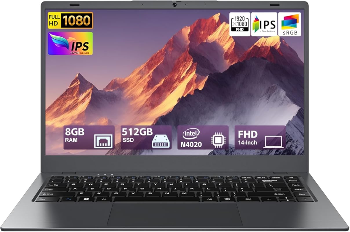 14 FHD Laptop, Intel Celeron N4020, 8GB RAM, 512GB SSD