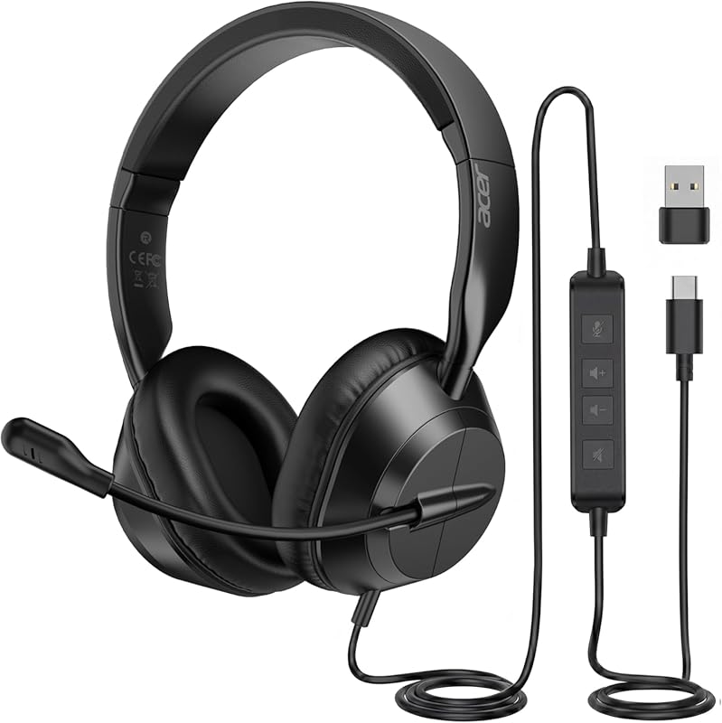 Acer Dual‑USB‑C ENC Noise‑Cancelling Headset with 40mm Drivers, Mic &