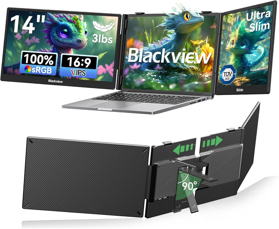 Blackview 14‑inch 1080p FHD IPS Triple Portable Monitor, Ultra‑slim du