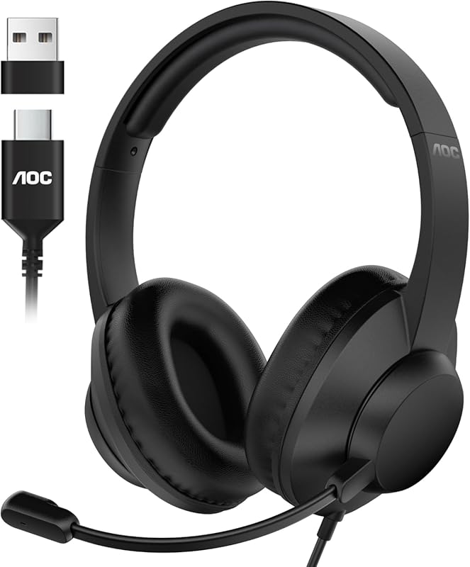 AOC USB Wired Over‑Ear Headset – 40 mm Drivers, Noise‑Cancelling Boom